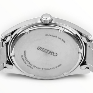 SUL EXTRAS Seiko Essentials Classic watch showing the stainless steel case back with sapphire crystal engraving