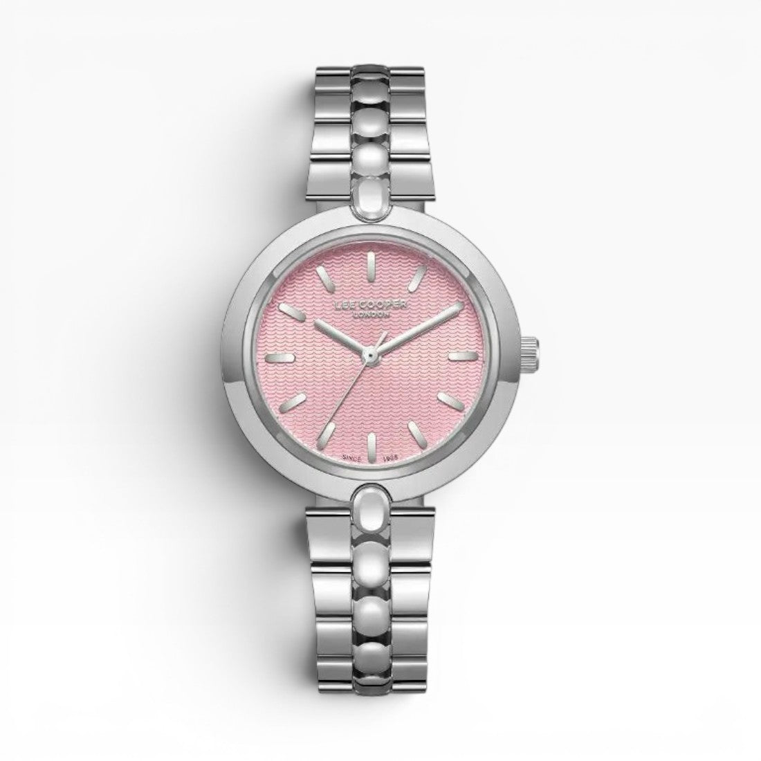 Lee Cooper London | Pink Guilloché Silver Bubble-Link Watch — 32mm