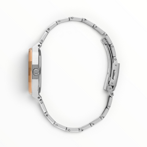 SUL EXTRAS Lee Cooper London women's watch side view showing the rose gold octagonal bezel and silver metal bracelet.