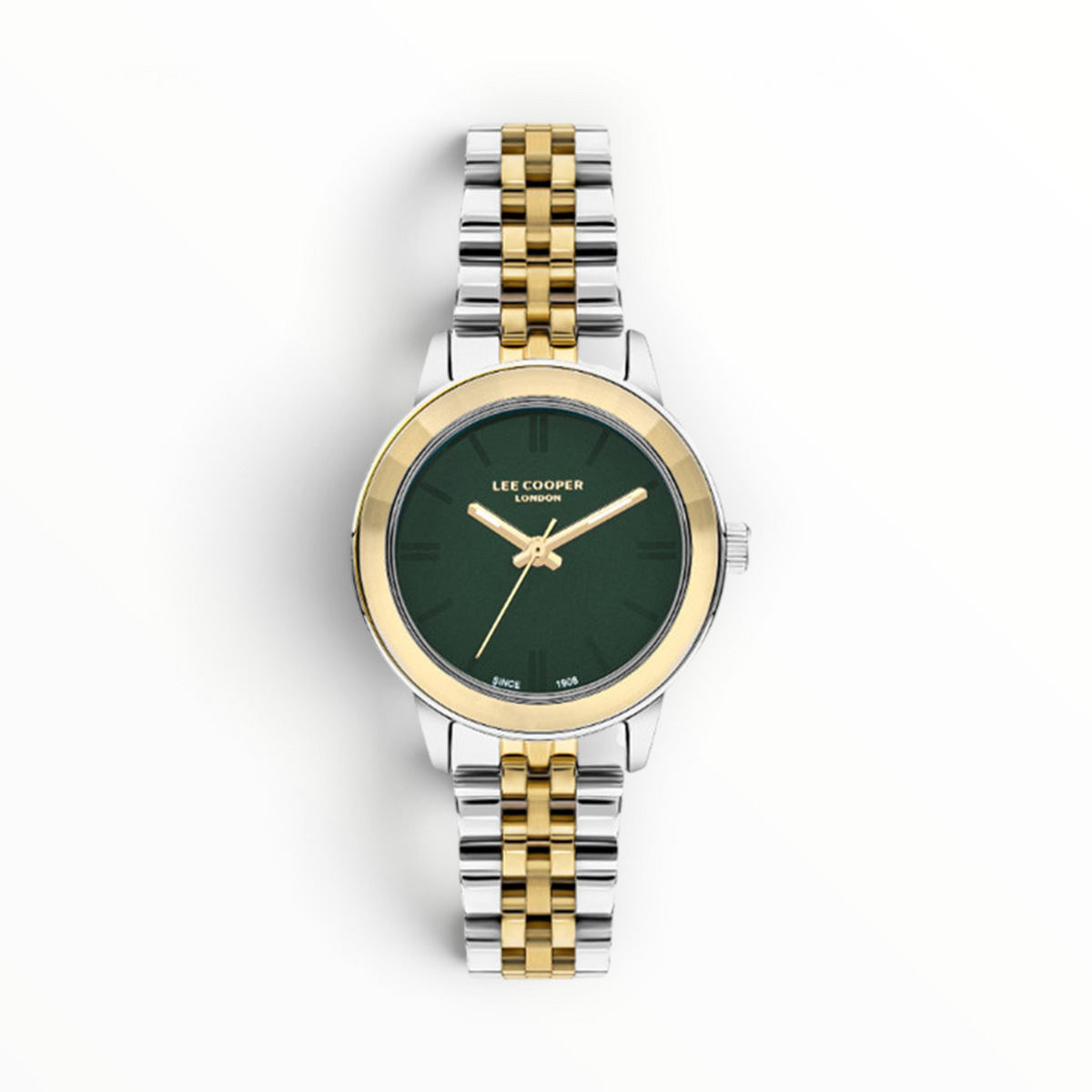 SUL EXTRAS Lee Cooper London women's watch with a deep green sunray dial, gold bezel, and two-tone silver gold bracelet.