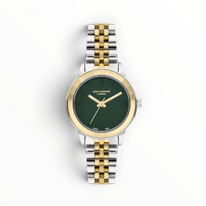 SUL EXTRAS Lee Cooper London women's watch with a deep green sunray dial, gold bezel, and two-tone silver gold bracelet.