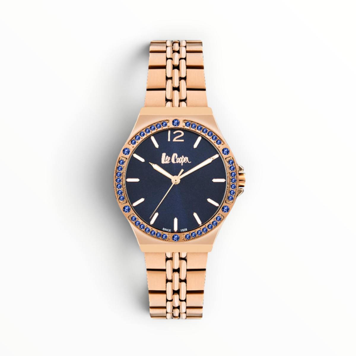 SUL EXTRAS Lee Cooper London women's watch with a blue dial, gold-tone bracelet, and blue crystal-encrusted bezel.