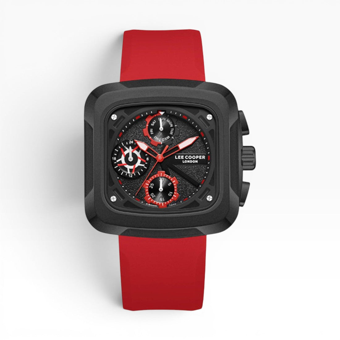 Lee Cooper London | Black Chronograph Square Case Red Silicone Watch — 40mm
