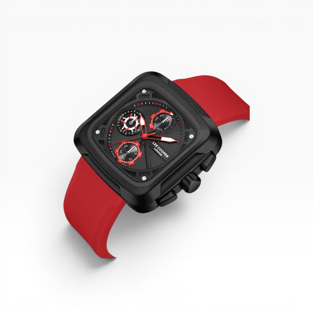Lee Cooper London | Black Chronograph Square Case Red Silicone Watch — 40mm