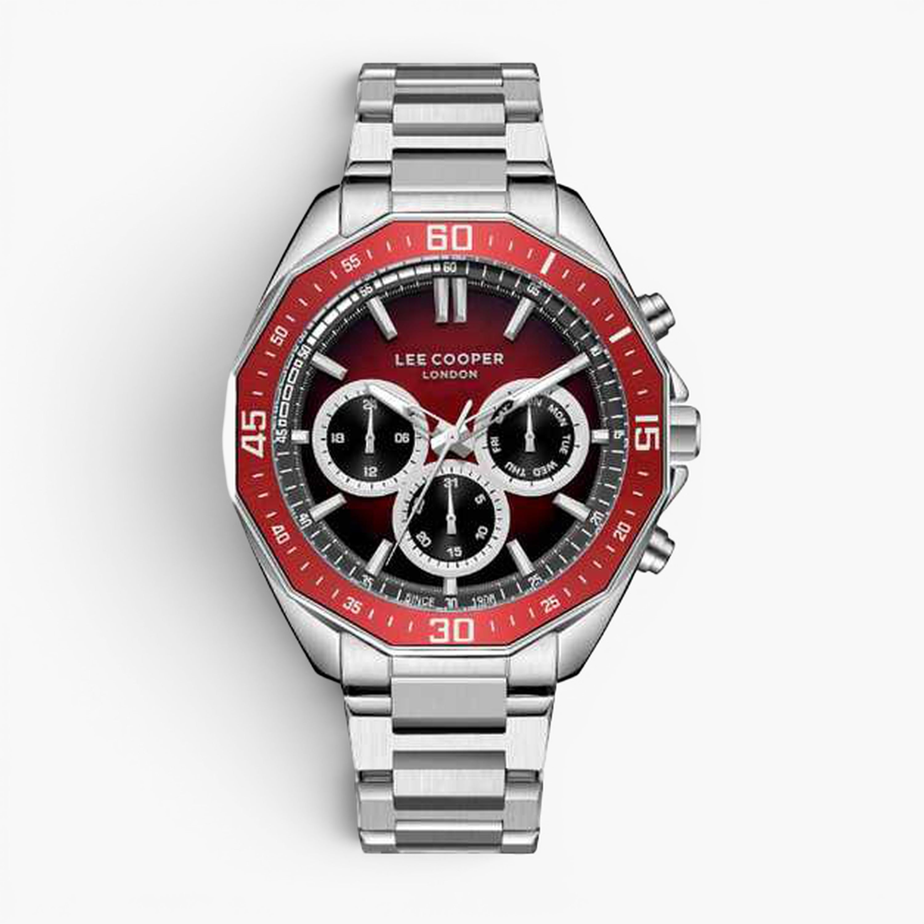 Lee Cooper London | Red Chronograph Octagonal Silver Watch — 45mm