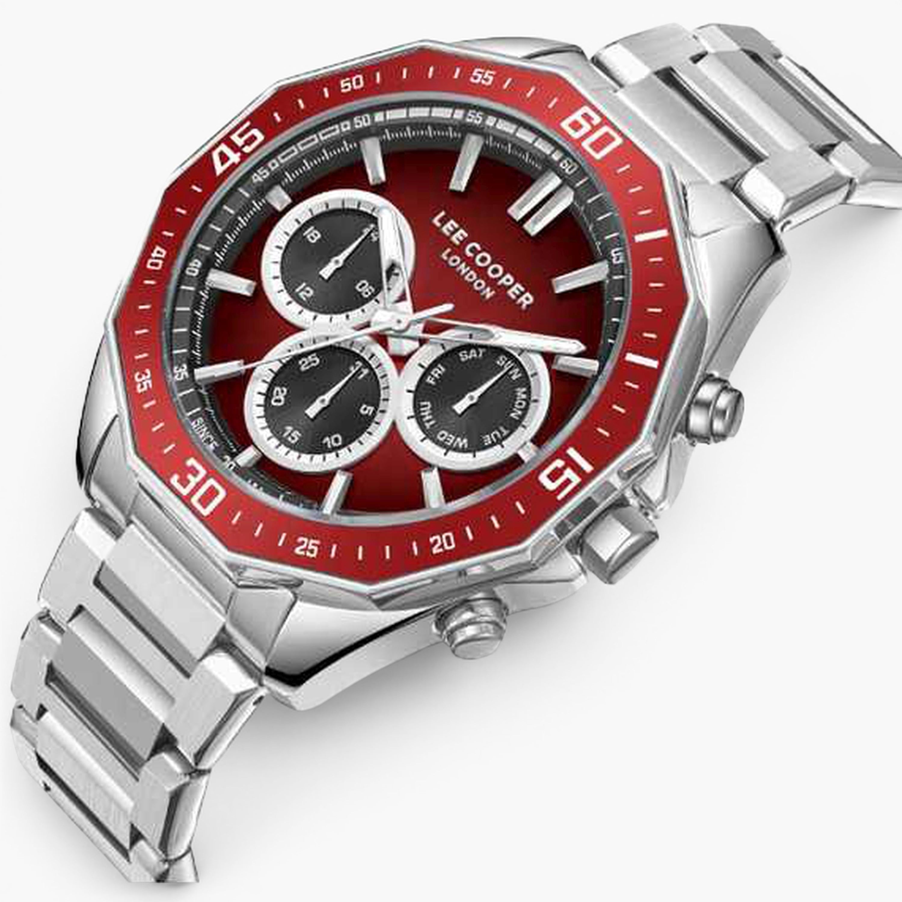 Lee Cooper London | Red Chronograph Octagonal Silver Watch — 45mm