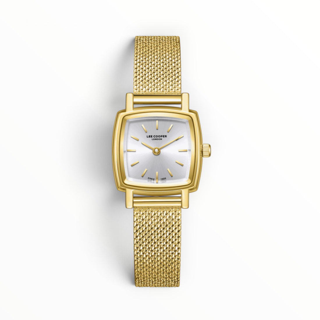 SUL EXTRAS Lee Cooper London petite cushion square women's watch with silver sunray dial and gold mesh bracelet.