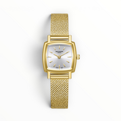 SUL EXTRAS Lee Cooper London petite cushion square women's watch with silver sunray dial and gold mesh bracelet.