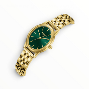 SUL EXTRAS Lee Cooper women's watch featuring a green oval dial and polished gold-tone metal link strap.