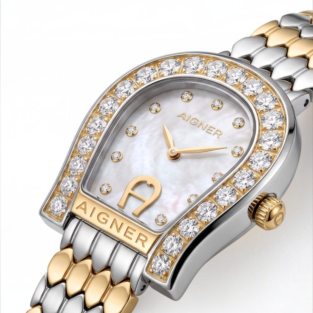 SUL EXTRAS Aigner Olbia women's watch with diamond-encrusted horseshoe case, mother-of-pearl dial, and two-tone bracelet.
