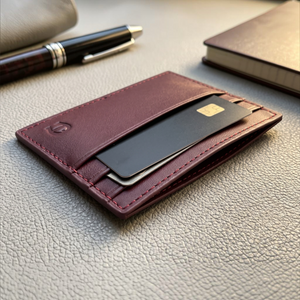 SUL EXTRAS Aigner burgundy leather cardholder with hand-stitched edges and card slots on a textured grey surface