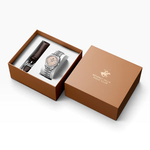 Beverly Hills Polo Club | Champagne Linen-Texture Fluted Bezel Silver Datejust Men's Watch — Gift Set with Interchangeable Brown Leather Strap — 38mm