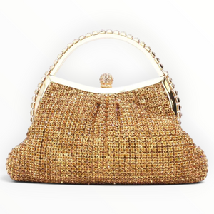 SUL EXTRAS Estelle evening bag in gold with shimmering rhinestone embellishments and an arched stone-trimmed handle.