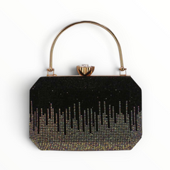 SUL EXTRAS Tom & Eva Odette evening bag featuring a black box silhouette with shimmering rhinestone gradient detailing.