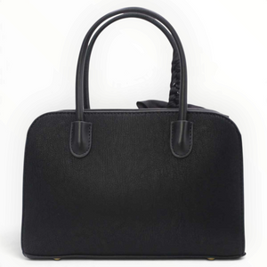 SUL EXTRAS Juliette black structured handbag with twin top handles and a decorative scarf detail