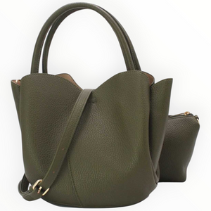 SUL EXTRAS olive green Tulipe 2-in-1 tote bag with petal-inspired curves, grained synthetic finish, and gold hardware.