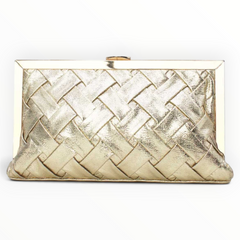 SUL EXTRAS Solène metallic gold evening clutch with a woven synthetic exterior and polished frame clasp