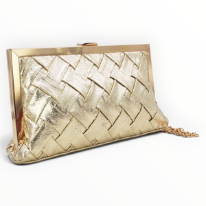 SUL EXTRAS Solène metallic gold evening clutch with a woven synthetic exterior, polished frame, and chain strap.