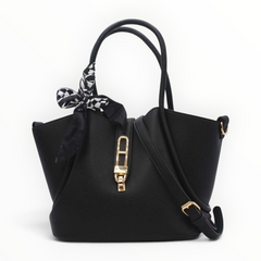 SUL EXTRAS Vivienne black grained synthetic trapeze handbag with gold turn-lock and decorative patterned scarf