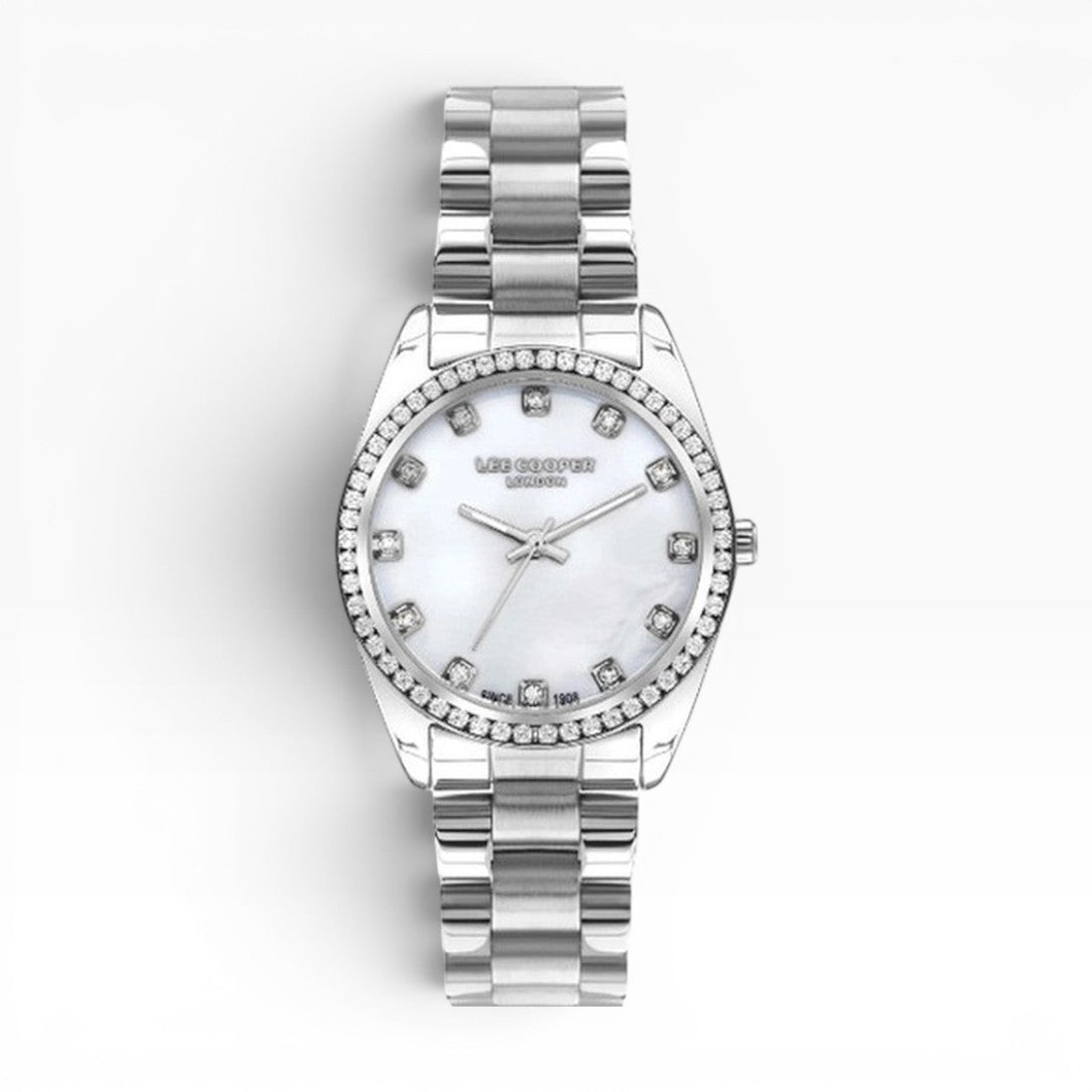 Lee Cooper London | White Mother-of-Pearl Crystal Bezel Silver Watch — 34mm