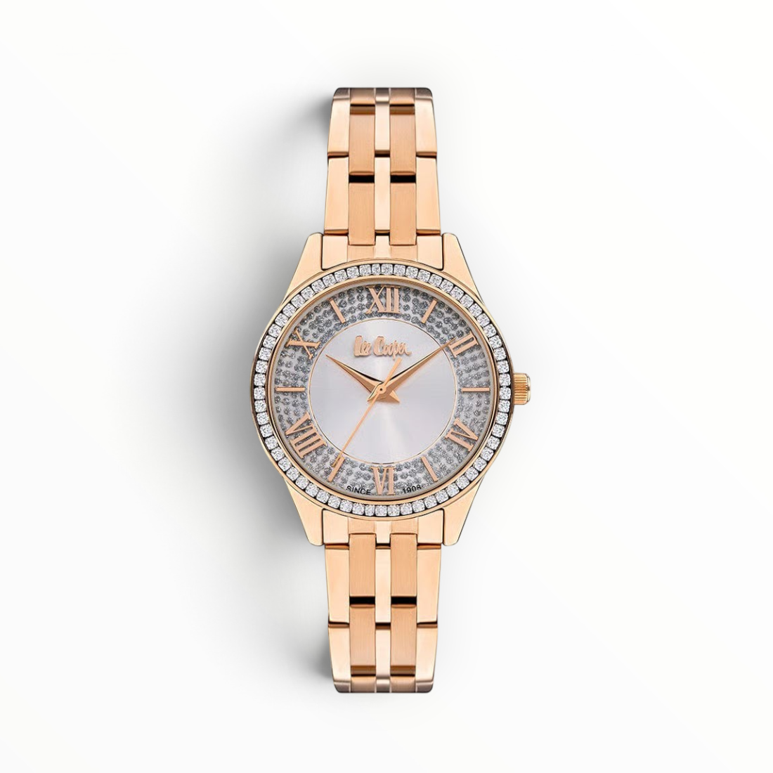 SUL EXTRAS Lee Cooper London women's watch with rose gold bracelet, crystal pavé bezel, and silver sunray dial.
