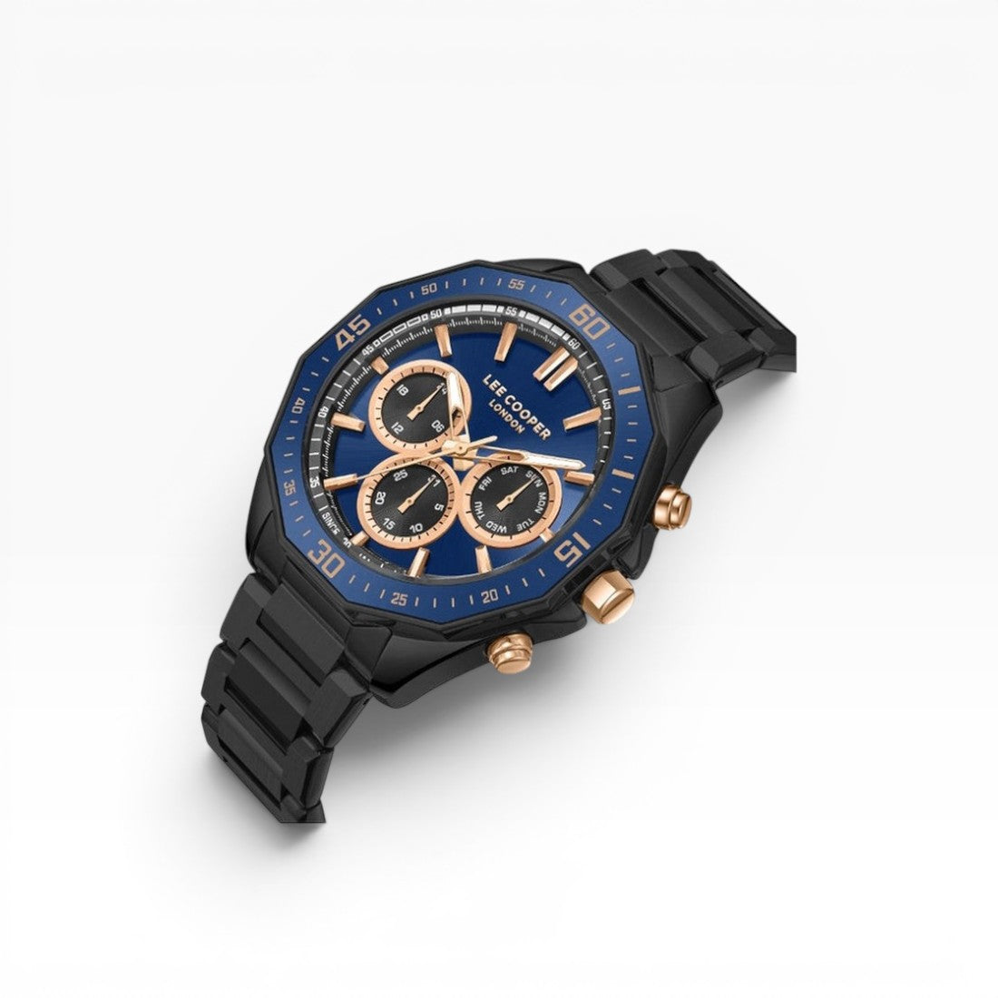Lee Cooper London | Navy Blue Chronograph Octagonal Black & Rose Gold Watch — 45mm