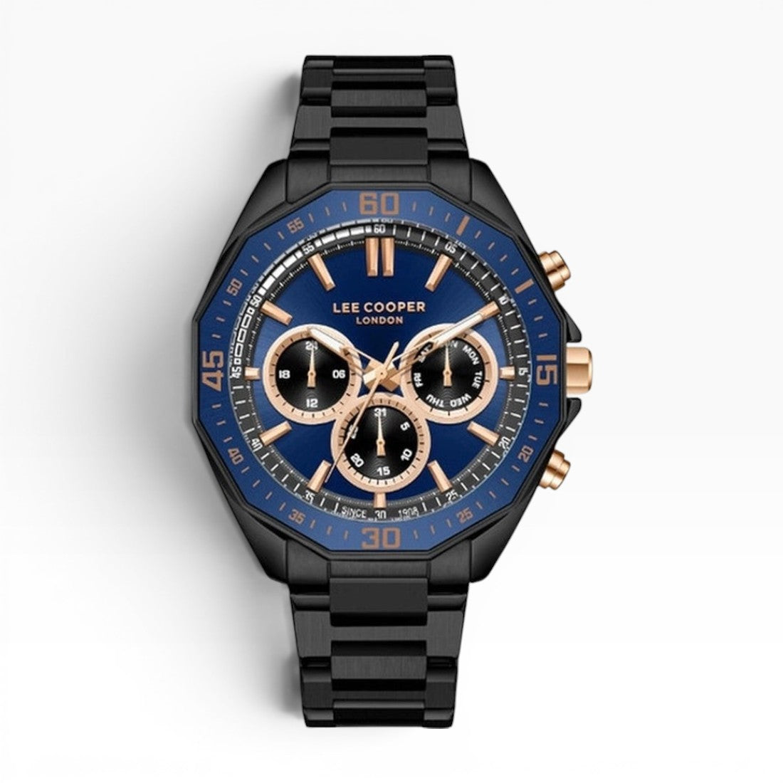 Lee Cooper London | Navy Blue Chronograph Octagonal Black & Rose Gold Watch — 45mm