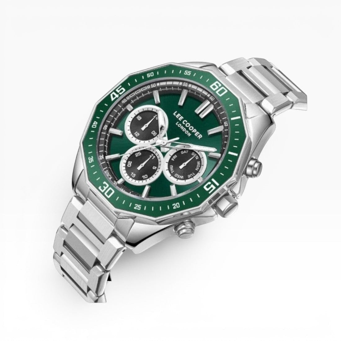 Lee Cooper London | Green Chronograph Octagonal Silver Watch — 45mm