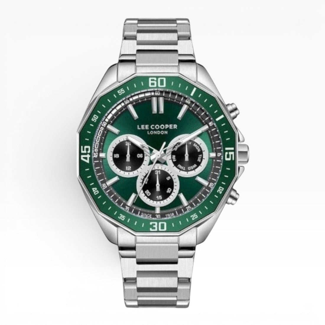 Lee Cooper London | Green Chronograph Octagonal Silver Watch — 45mm