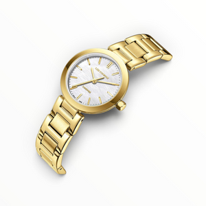 SUL EXTRAS Lee Cooper gold-tone women's watch with a white textured dial and polished stainless steel link bracelet.