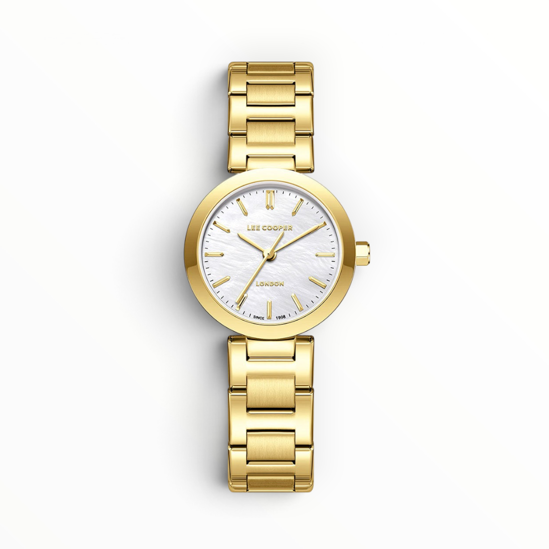 SUL EXTRAS Lee Cooper women's watch with a gold-tone stainless steel bracelet and a white mother-of-pearl dial.