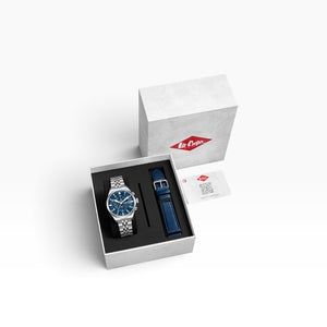 Lee Cooper London | Navy Blue Aviator Pilot Multifunction Silver Watch — Gift Set with Interchangeable Blue Leather Strap — 41mm