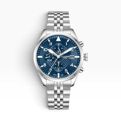 Lee Cooper London | Navy Blue Aviator Pilot Multifunction Silver Watch — Gift Set with Interchangeable Blue Leather Strap — 41mm