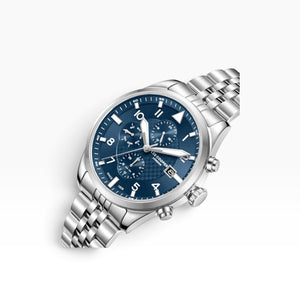 Lee Cooper London | Navy Blue Aviator Pilot Multifunction Silver Watch — Gift Set with Interchangeable Blue Leather Strap — 41mm