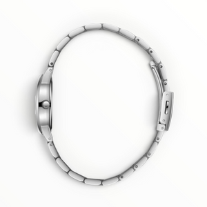 SUL EXTRAS Lee Cooper women's oval watch with a silver-tone metal strap and case, side profile view