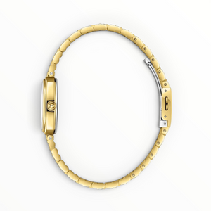 SUL EXTRAS Lee Cooper London women's watch with a gold ribbed bracelet and cushion square case, side profile view.