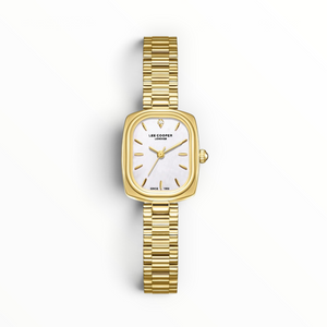 SUL EXTRAS Lee Cooper London women's watch with a square gold case, white mother-of-pearl dial, and ribbed bracelet.