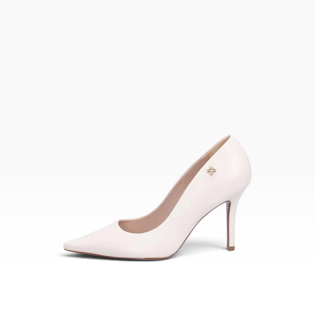 White high-heeled shoe with a decorative star on a white background