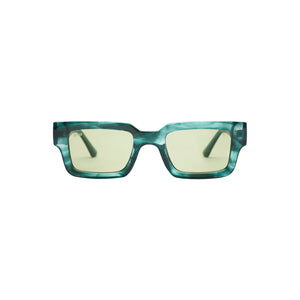 Unisex Sefsan Evolution sunglasses featuring durable teal tortoise frame, UV-protected transparent green lens, and contemporary design for men and women front view