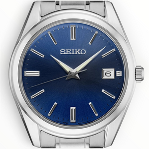 SUL EXTRAS Seiko Essentials Classic men's watch with a deep blue sunray dial, silver stainless steel case and bracelet.