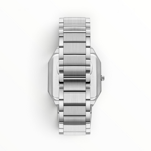 SUL EXTRAS Beverly Hills Polo Club Slim Tech 5 watch showing the brushed stainless steel five-link bracelet back view