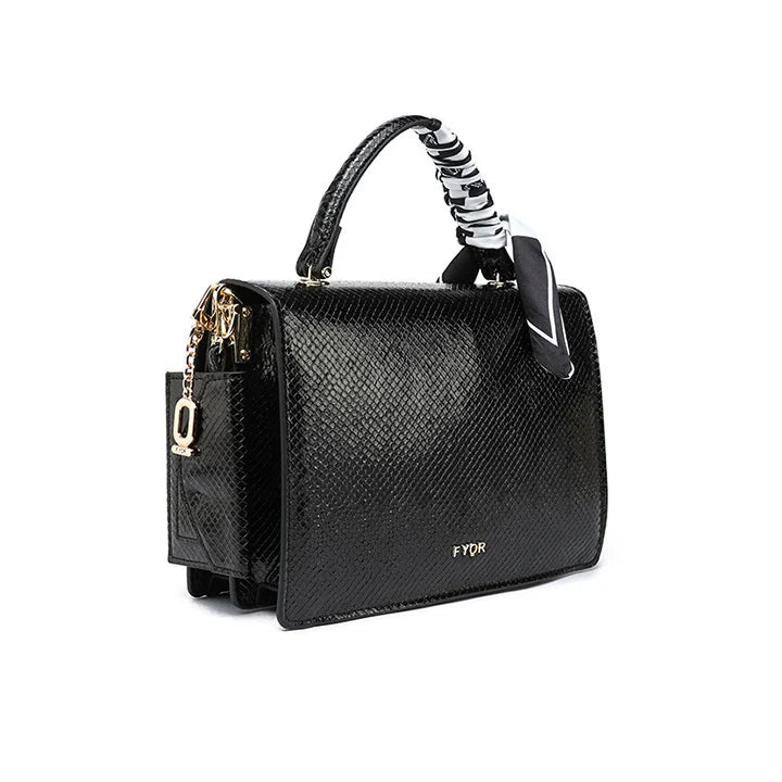Fyor Chic Design Handbag BD 139 snake-embossed PU leather with top handle, and adjustable strap and a pouch black color back view