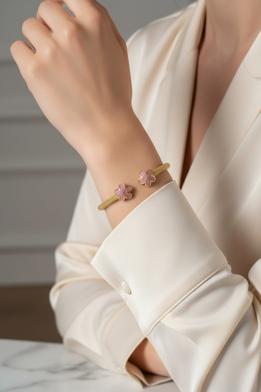 Gold mesh flower cuff bracelet on model's wrist