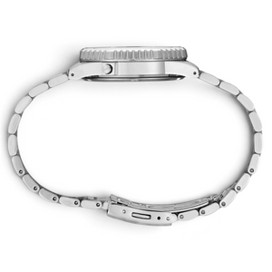 SUL EXTRAS Seiko Rotocall digital watch in silver-tone stainless steel, side profile view showing the bracelet.