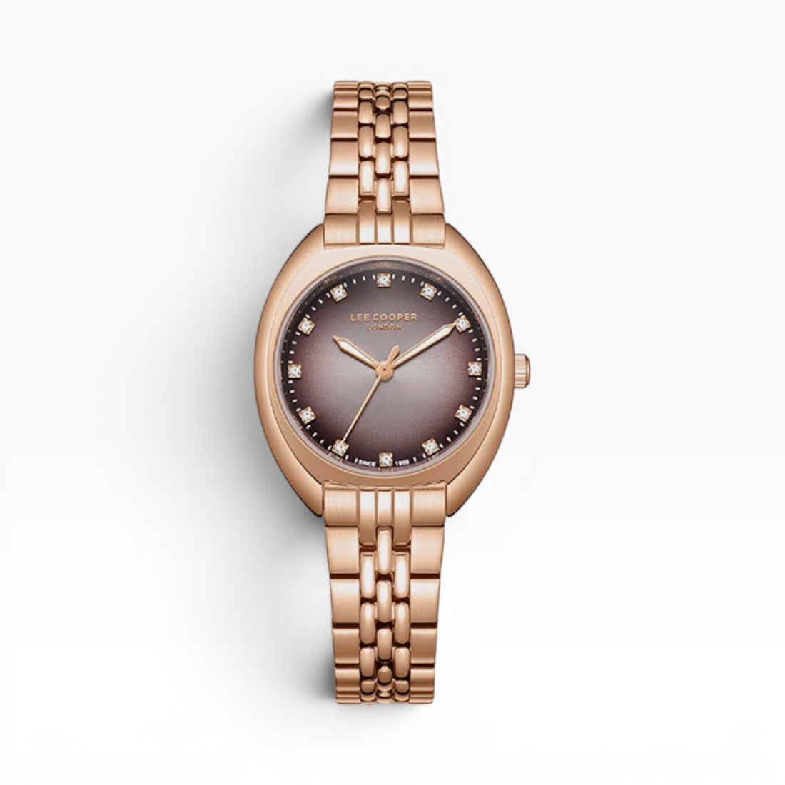 Lee Cooper London | Mocha Gradient Crystal-Set Oval Rose Gold Watch — 30×39mm