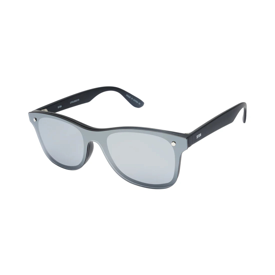 Sefsan Deland sunglasses with black metal frame, silver mirrored lenses, unisex modern style, and lightweight comfortable design for unisex side view