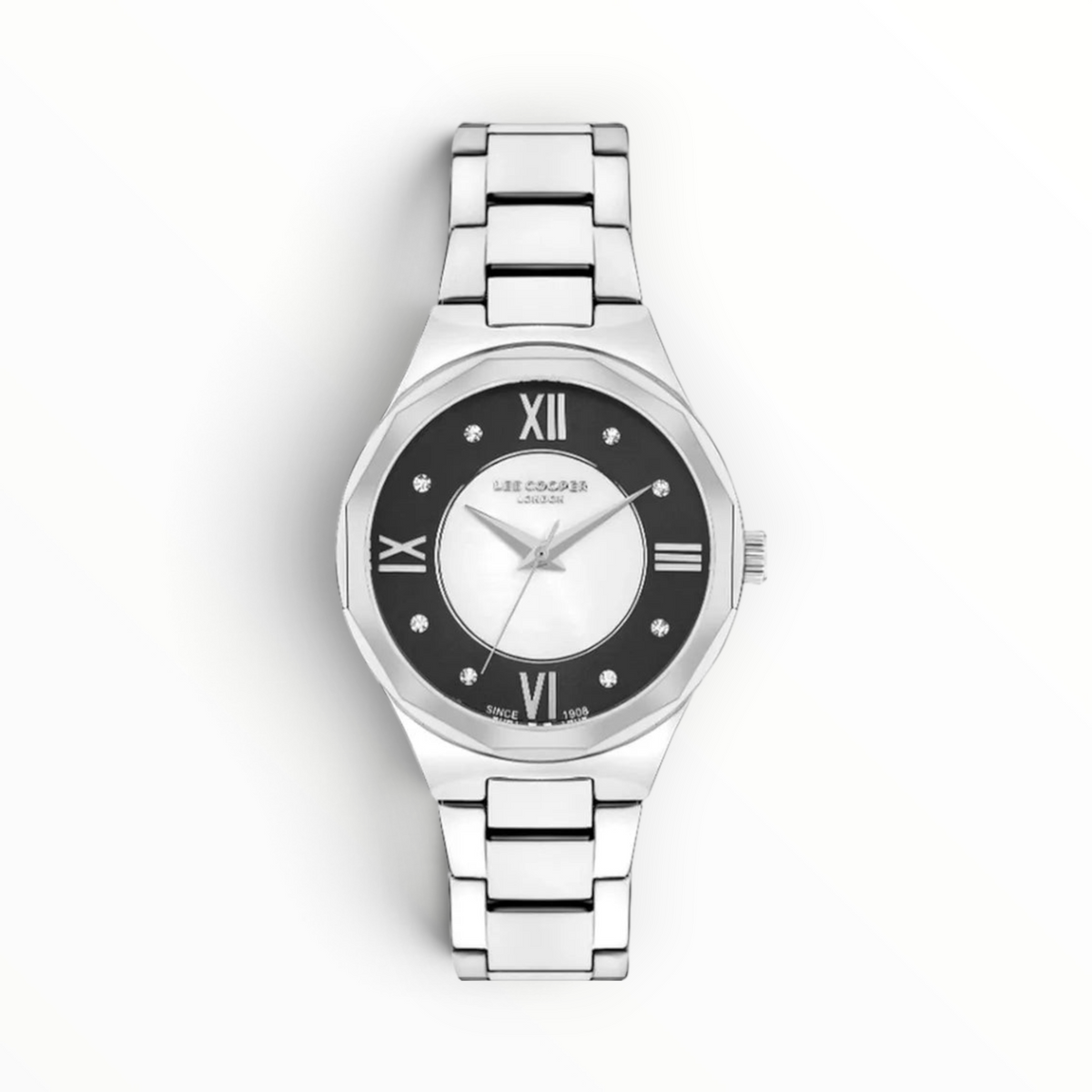 SUL EXTRAS Lee Cooper London silver watch with a navy and mother-of-pearl dial, crystal markers, and stainless steel