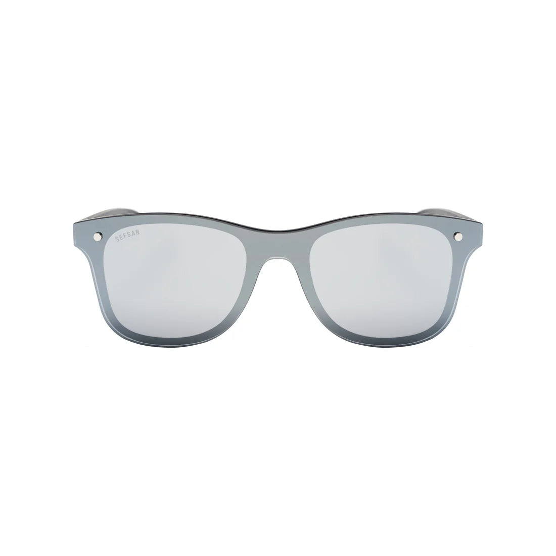 Sefsan Deland sunglasses with black metal frame, silver mirrored lenses, unisex modern style, and lightweight comfortable design for unisex front view