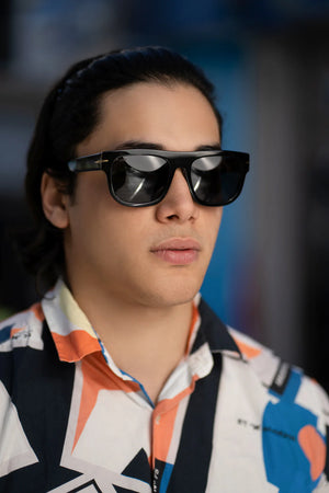 Sefsan Nehsan sunglasses with sculpted square frame, dark smoke lenses, and trendy unisex urban style model front view