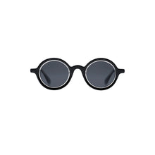 Load image into Gallery viewer, Sefsan Sphaira unisex sunglasses with transparent black frame, clear smoke lenses, modern rounded frame style, and comfortable fit